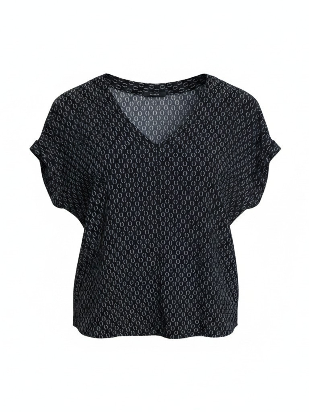 Pleione Black White Geometric Print V-Neck Short Sleeve Blouse Top Size Medium